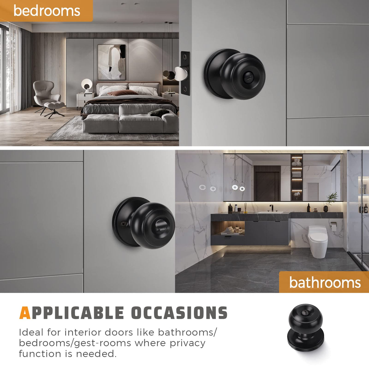 6 Pack Privacy Door Knob for Bathroom or Bedroom Door Knobs, Round Interior Door Knobs, Indoor Door Knob, Keyless