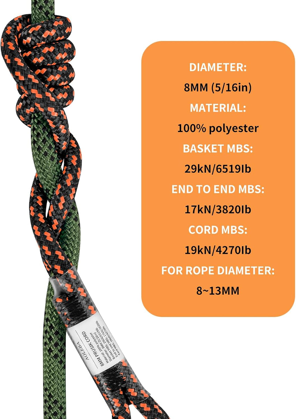 8MM (5/16") Prusik Cord, Pre-Sewn Eye-to-Eye Prusik Loop, Safety Climbing Aider Climb Gear for Arborist Rescue