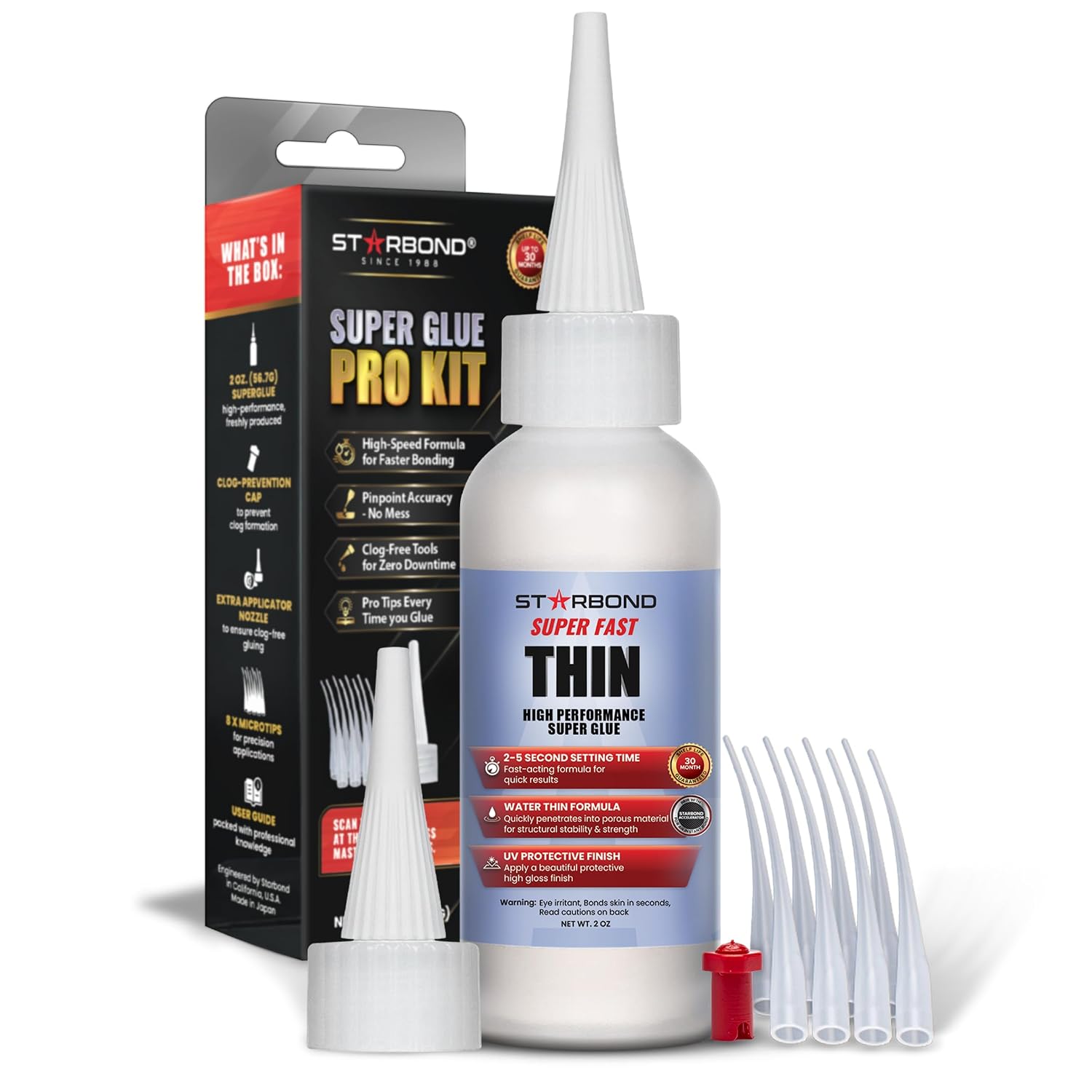 Super Fast Thin CA Glue – Super Glue Pro Kit with Precision Microtips Anti-Clog Cap & Extra Nozzles – Premium