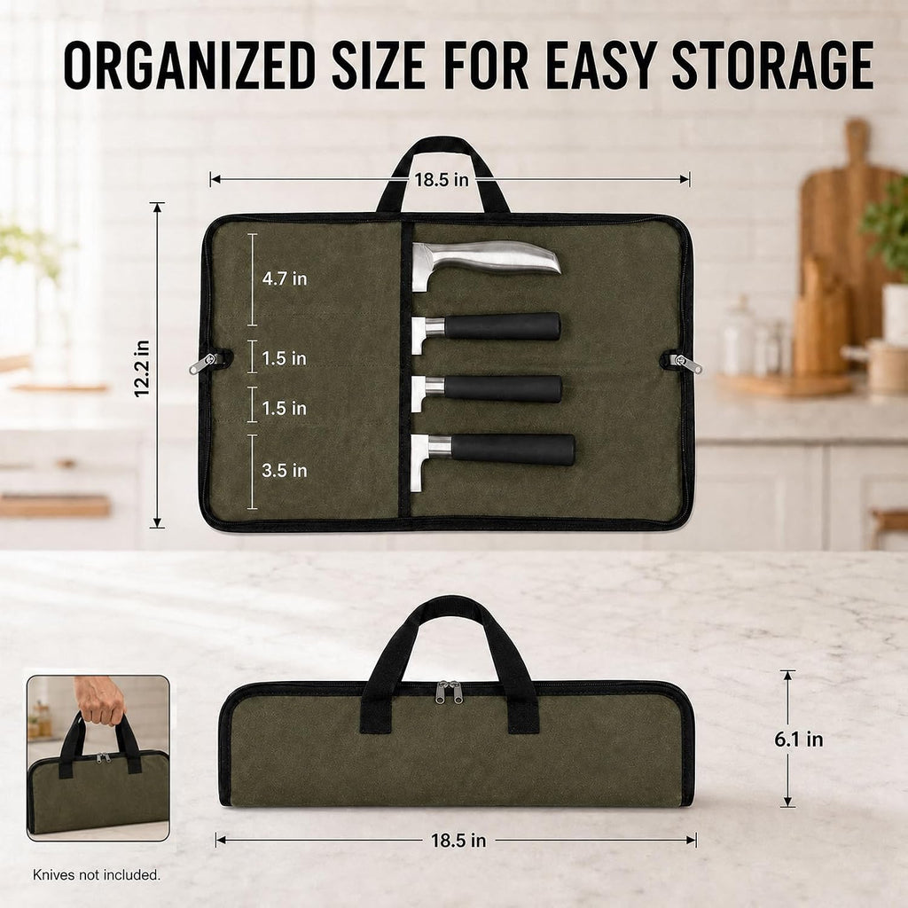 4 Slots Chefs Knife Roll Bag Cutlery Storage Case Men Army Green | Heavy duty waxed canvas pouches.Portable handles