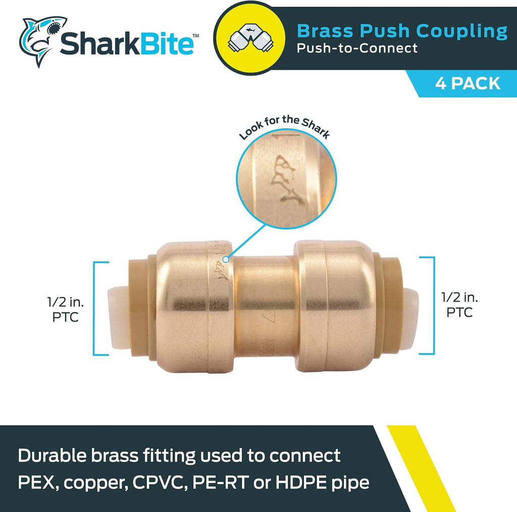 SharkBite 1/2 Inch Coupling, Pack of 4, Push to Connect Brass Plumbing Fitting, PEX Pipe, Copper, CPVC, PE-RT, HDPE, U008LFA4