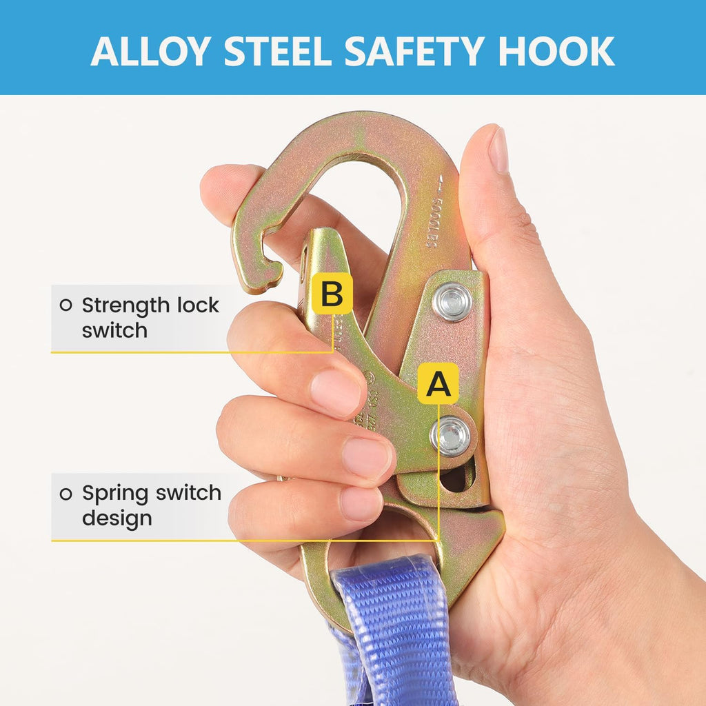 Heavy Duty Fall Protection Rope for roof & tree climbing. Includes safety harness, alloy steel clips, shock-absorbing