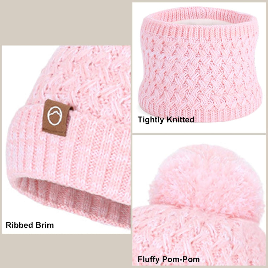 Kids Winter Hat Gloves Scarf Set, Pom Wool Warm Fleece Beanie Knit Neck Gaiter Mittens for 4-10 Years Children