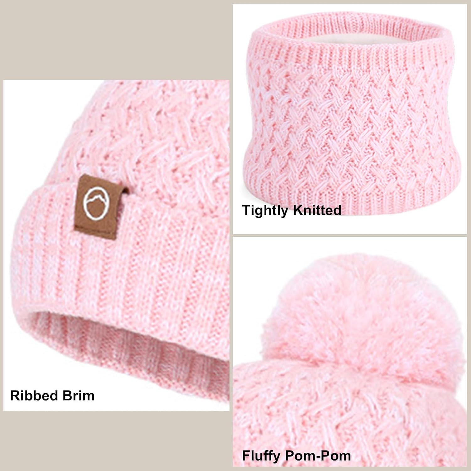 Kids Winter Hat Gloves Scarf Set, Pom Wool Warm Fleece Beanie Knit Neck Gaiter Mittens for 4-10 Years Children