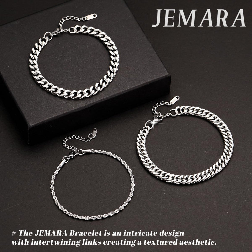3Pcs Stainless Steel Mens Bracelet | Adjustable Sturdy Silver Cuban Chain Bracelet Set for Men