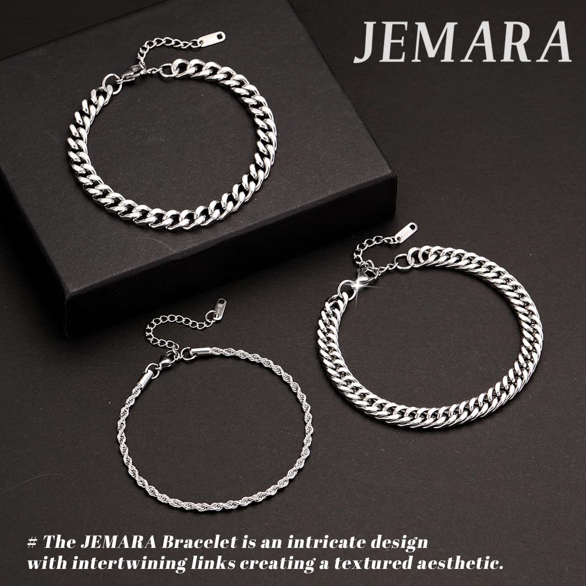 3Pcs Stainless Steel Mens Bracelet | Adjustable Sturdy Silver Cuban Chain Bracelet Set for Men