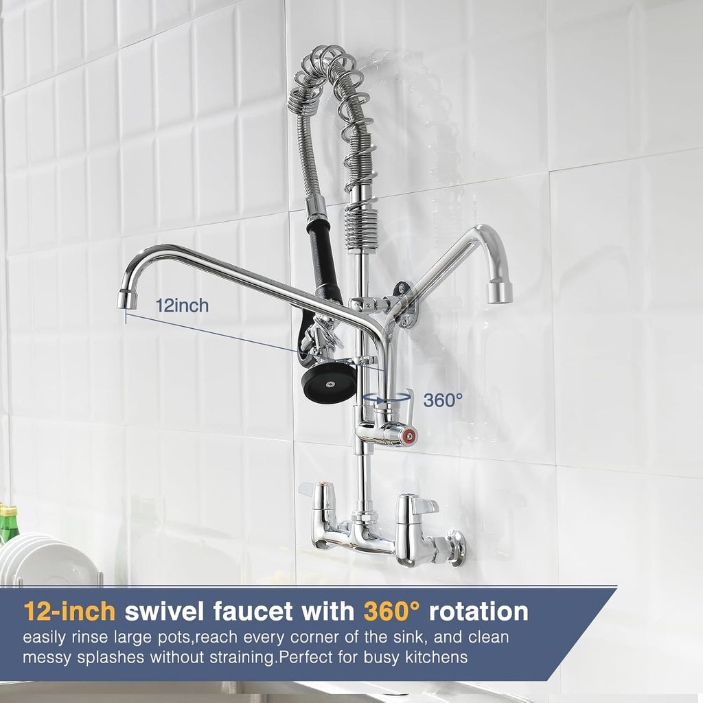 25" Commercial Sink Faucet Wall Mount with Pre-Rinse Sprayer