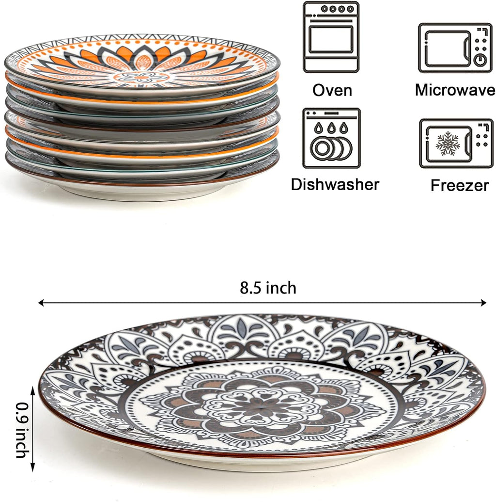 8 Pieces Salad Plates, 8.5 Inch Porcelain Floral Dessert Plates, Colorful Round Lunch Plate Sets for Appetizer Salad