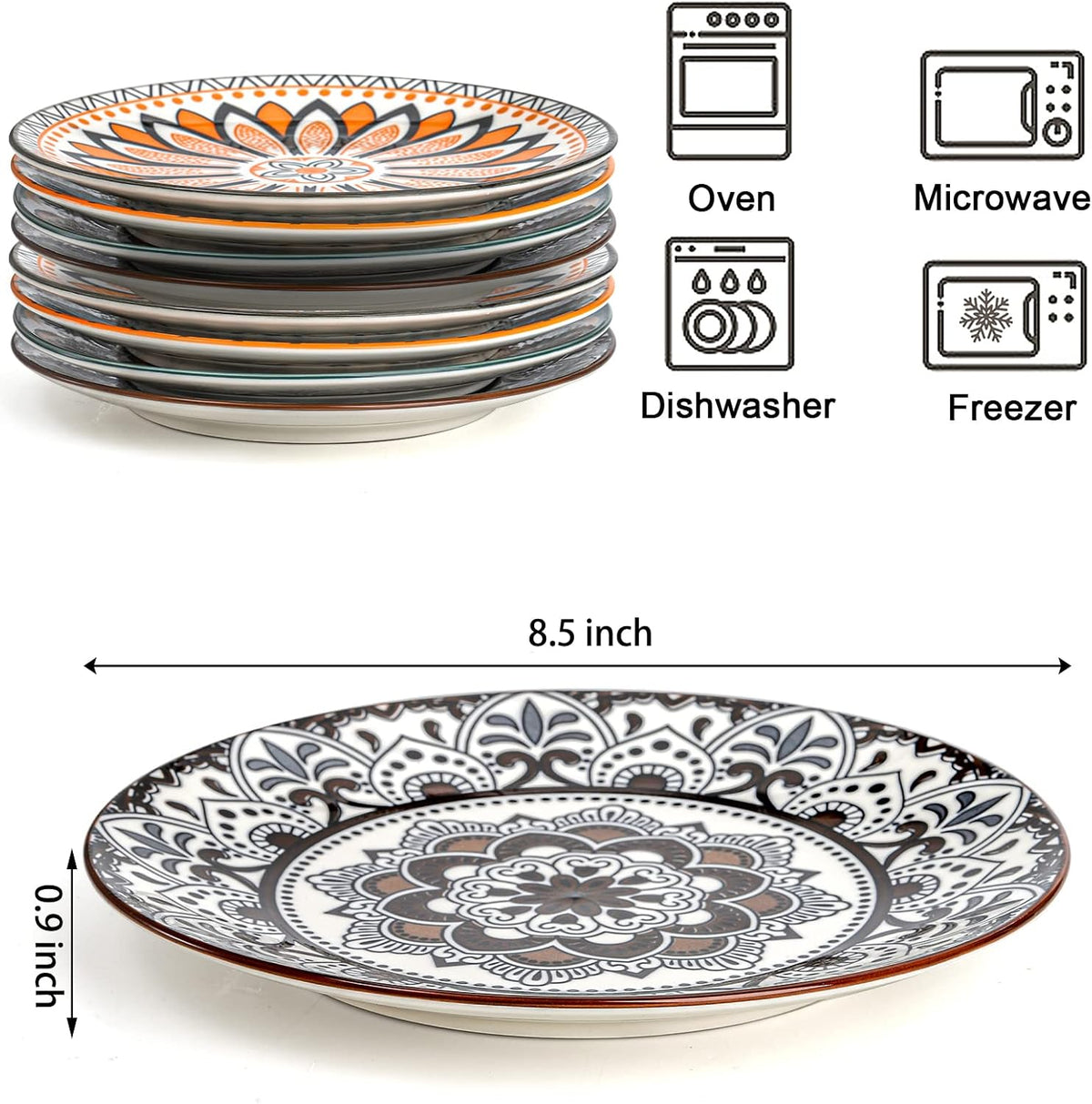 8 Pieces Salad Plates, 8.5 Inch Porcelain Floral Dessert Plates, Colorful Round Lunch Plate Sets for Appetizer Salad