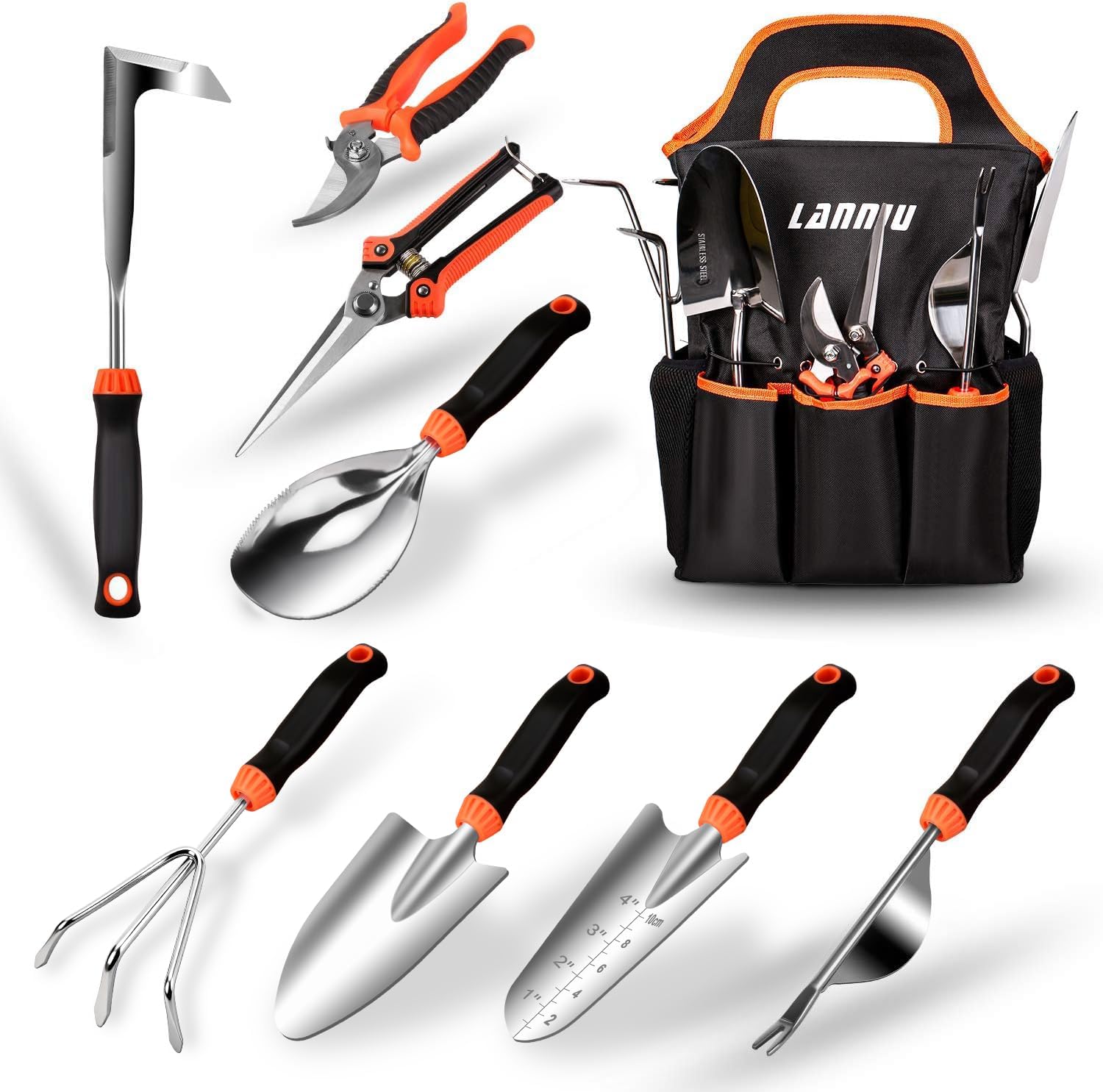 9 Piece Garden Tool Set | Heavy Duty Stainless Steel, Ergonomic Non-Slip Rubber Handles, Pruning Shears, Trowel, 600D