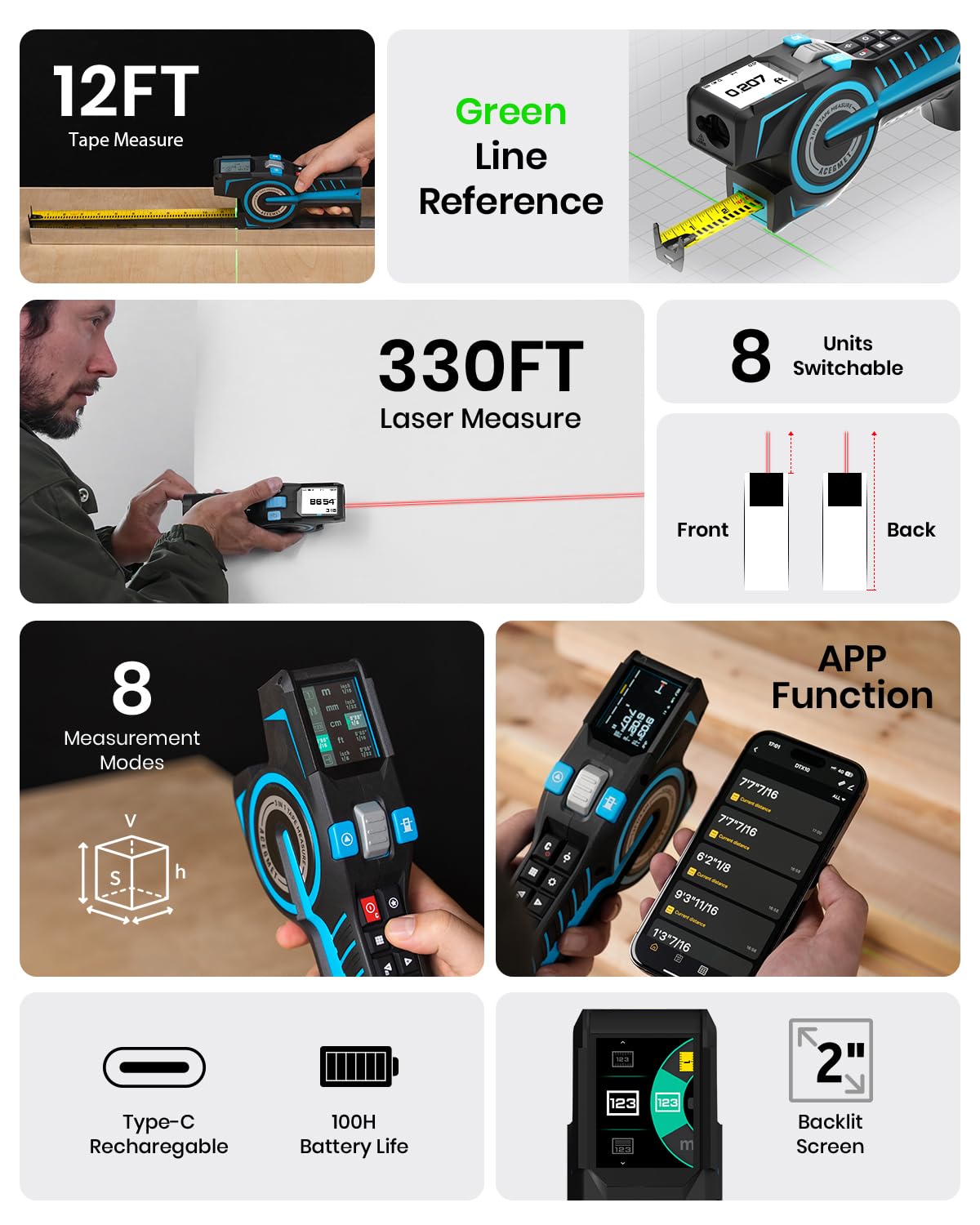 Digital Tape Measure 12ft Tape ±1.5mm & 330Ft Laser Distance Meter | Smart App Sync, USB-C Recharge 8H Battery, 8