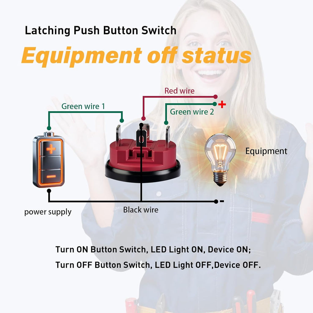 15Amp Latching Push Botton Switch 2PCS,16mm(0.63”) 12V-24V Black Shell AC/DC IP67 Waterproof with Red LED Angel Eye Light On and Off with Wire Socket.