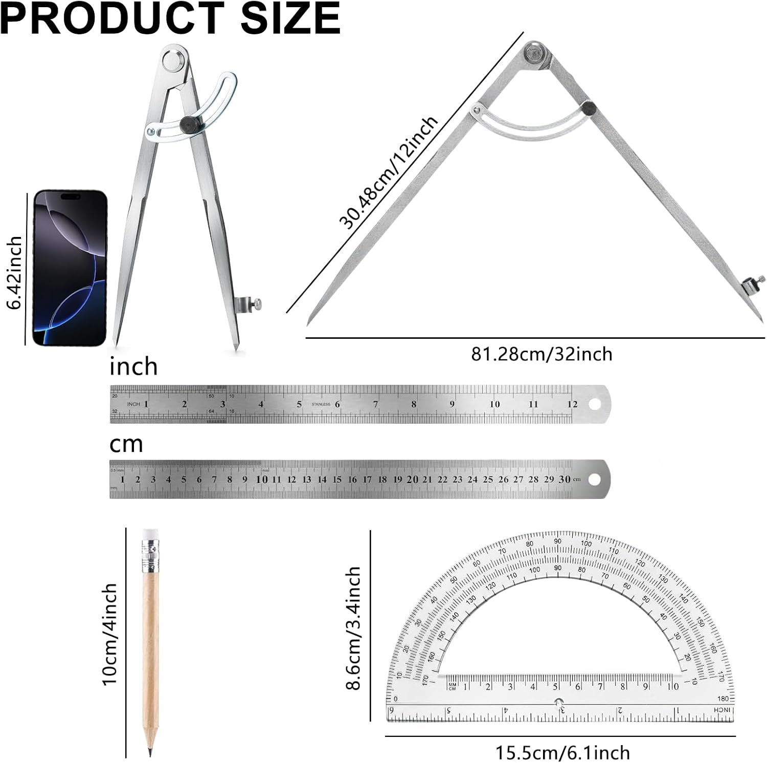 12 Inch Compass Geometry Tool with Protractor Ruler & Pencils | Includes Drawing Compass 6 Inch Protractor 12 Inch