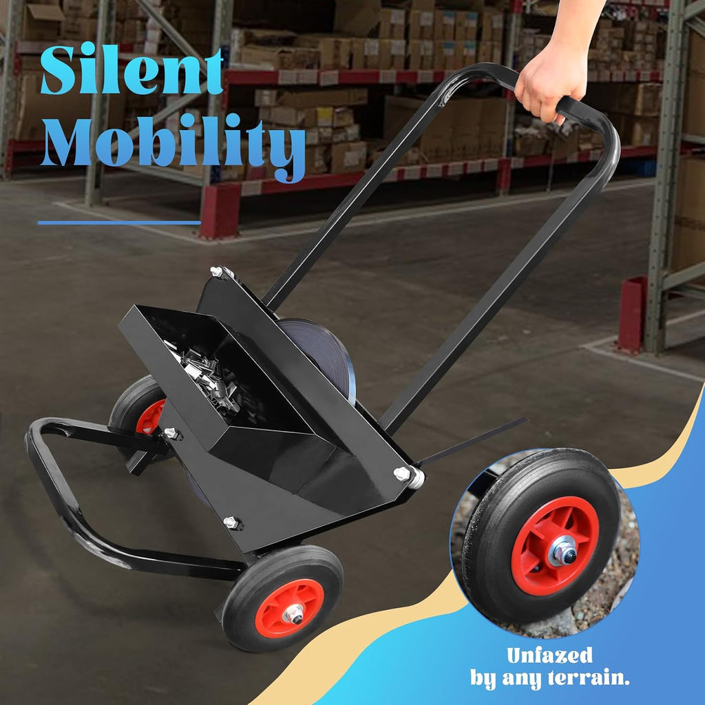 Heavy Duty Strapping Cart & Dispenser for Steel Strapping Coils with Over 9.5" Core Size Integrated Tool & Seal Tray