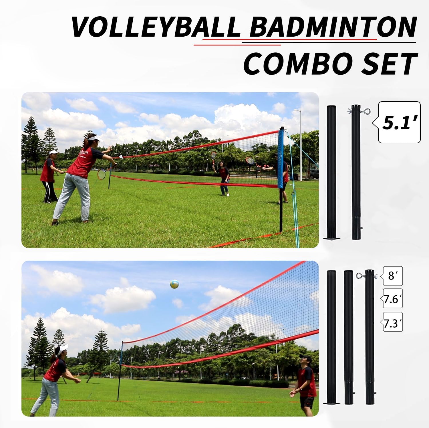 20FT/32FT Volleyball & Badminton Combo Sets for Backyard | Adjustable Height Poles System, Anti-Sag Net, Volley ball