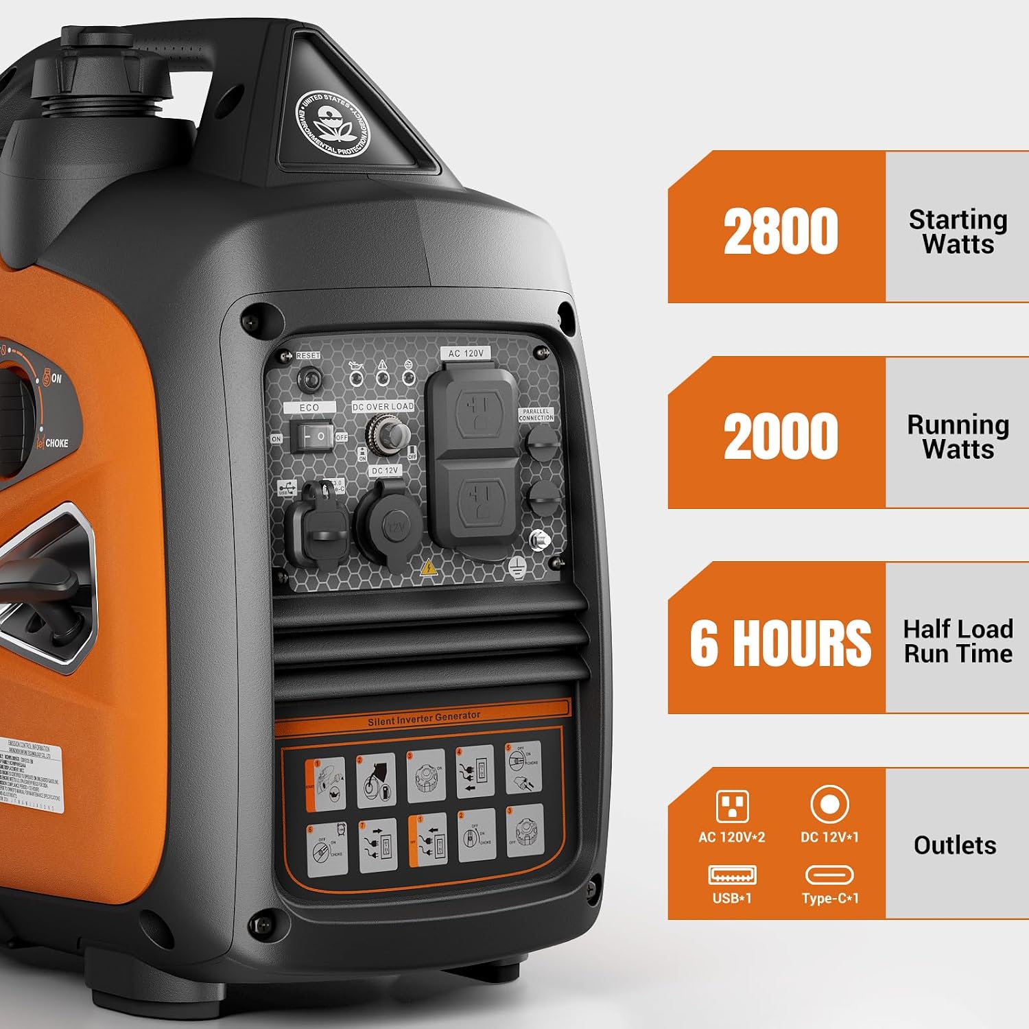 2800W Quiet Gas-Powered Inverter Generator for Home Use, Camping, RV, 40Lbs, Non-Battery Operated, EPA Compliant