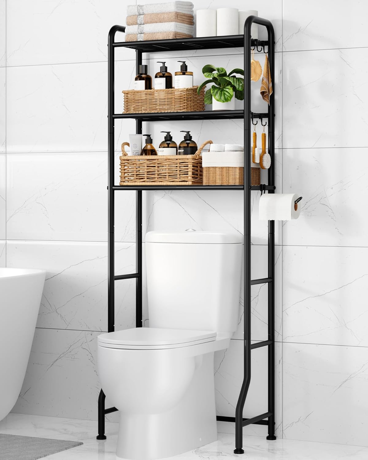 Over Toilet Storage Rack, 63.2" H Space-Saving, Holder & Hooks | Bathroom, Laundry Room, Small Spaces, Families