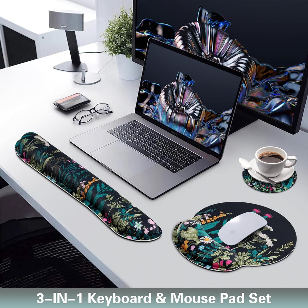 Mouse Pad with Wrist Rest Set, 3-in-1 Wrist Support Mouse Pad Set, Floral | Gaming MousePad with Anti-Skid