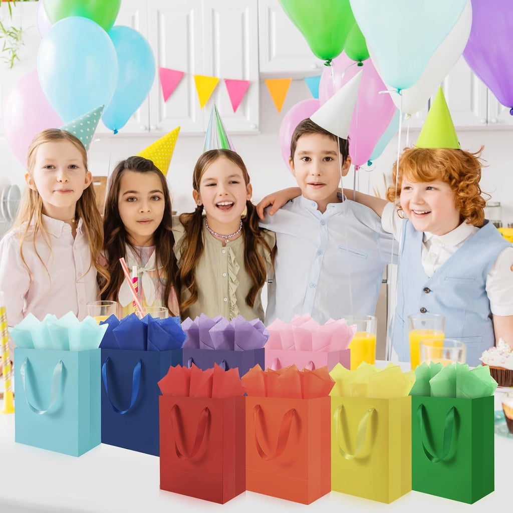 8 Pack Medium Gift Bags With Handles and 16 Tissue Paper, 8" X 5" X 10" Paper Bags Bulk for Birthday Party, Baby