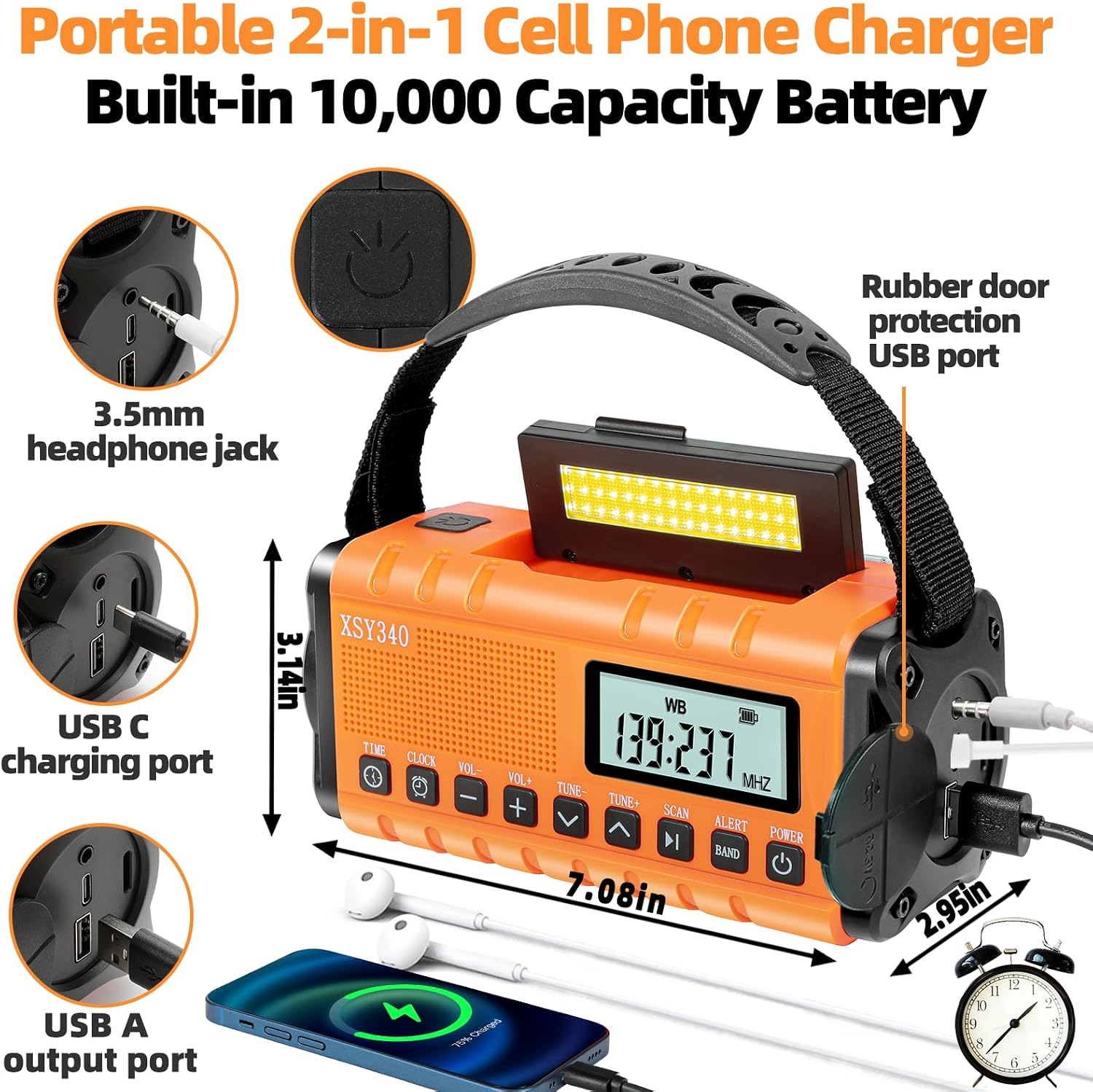 10000mAh Emergency Radio with NOAA Weather Portable Solar Powered Hand Crank AM/FM Survival Digital Display