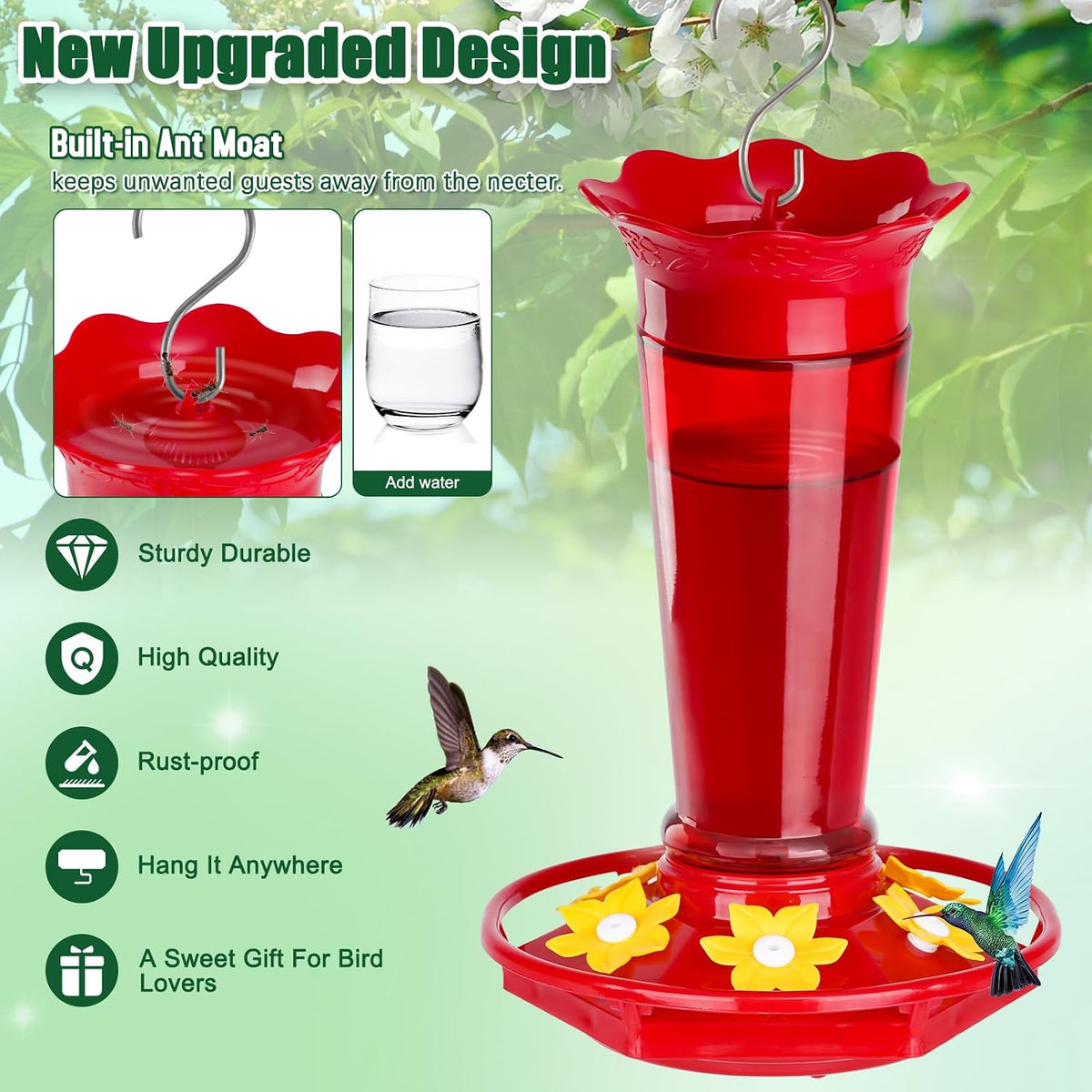 10 OZ Glass Hummingbird Feeders for Outdoors Hanging - Red 2 Pack, Ant & Bee Proof and 6 Feeding Ports, Garden Yard