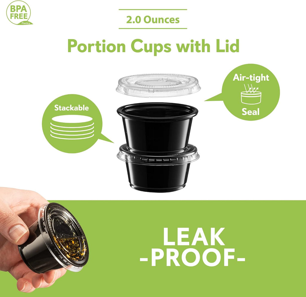 2 oz - Black Diposable Plastic Portion Cups With Lids, Small Mini 100 Sets
