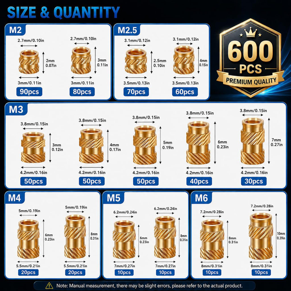 600+7Pcs Brass Threaded Inserts M2 M2.5 M3 M4 M5 M6 for 3D Printing