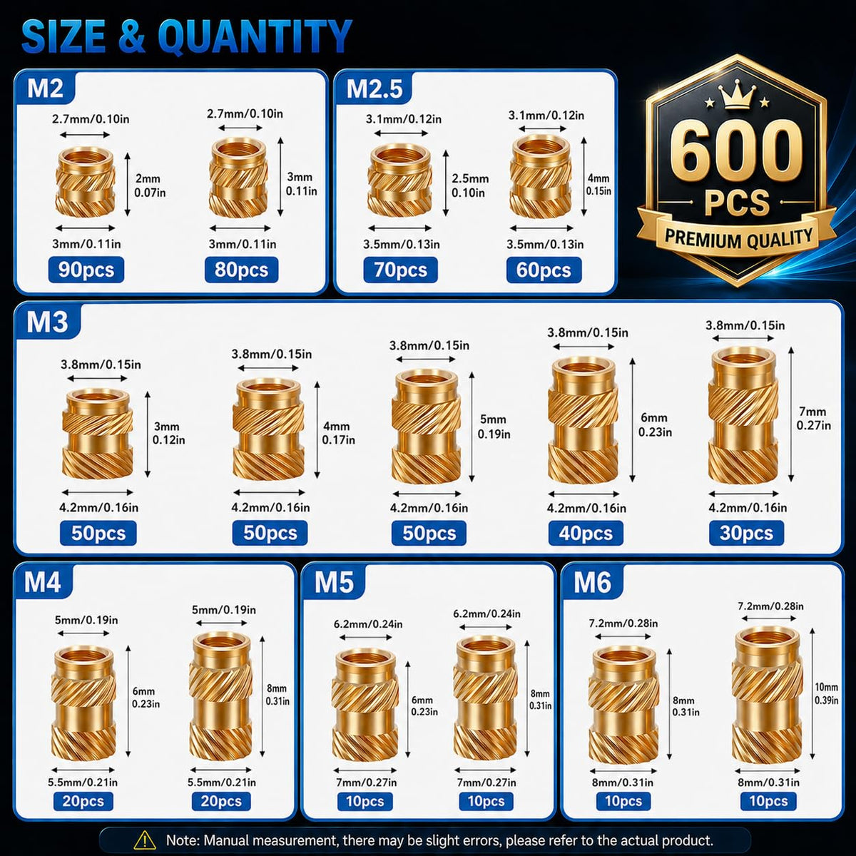 600+7Pcs Brass Threaded Inserts M2 M2.5 M3 M4 M5 M6 for 3D Printing