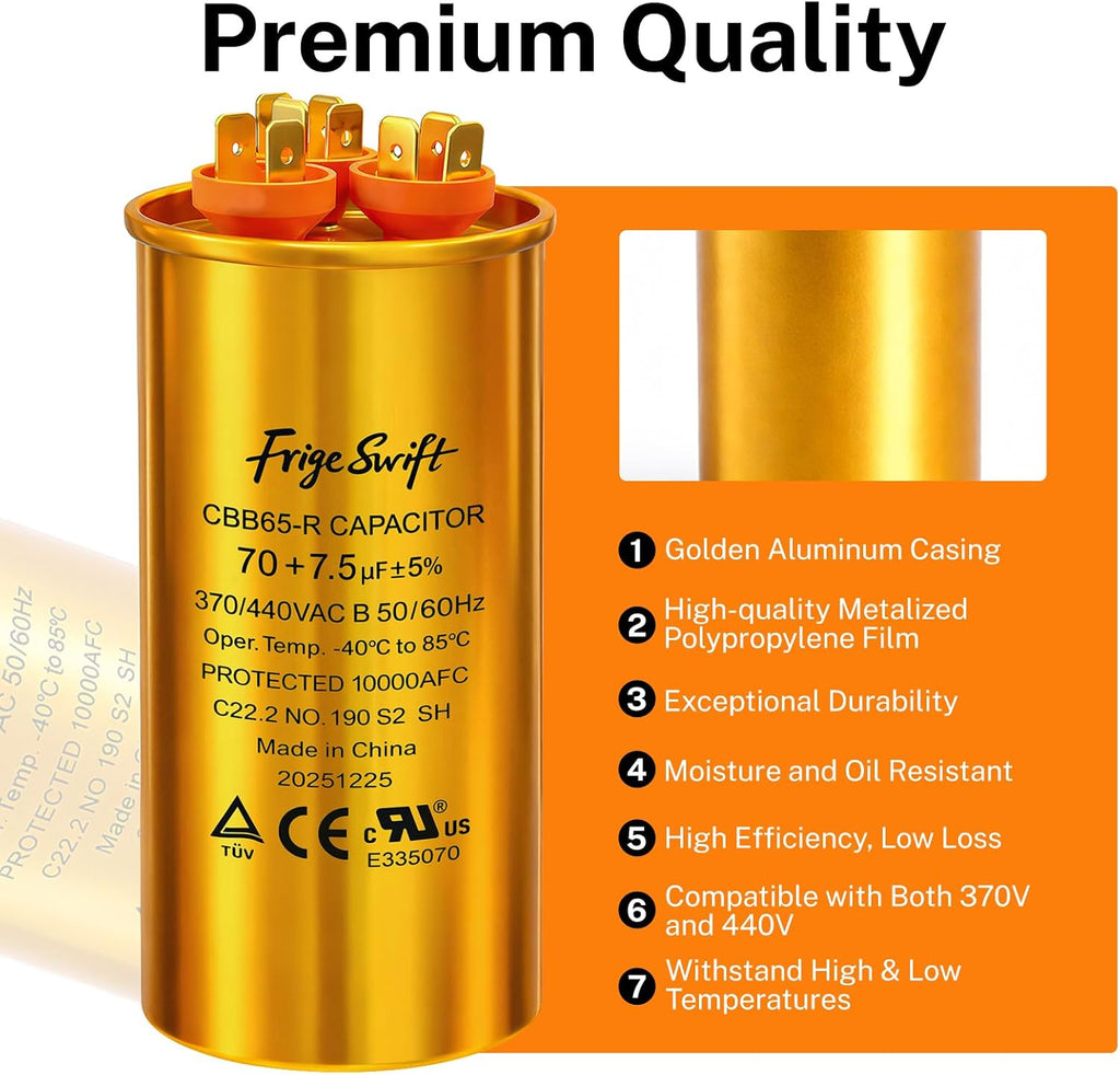 70+7.5 uF ±5% 370/440 VAC CBB65 Round Dual Run Capacitor 10-Pack