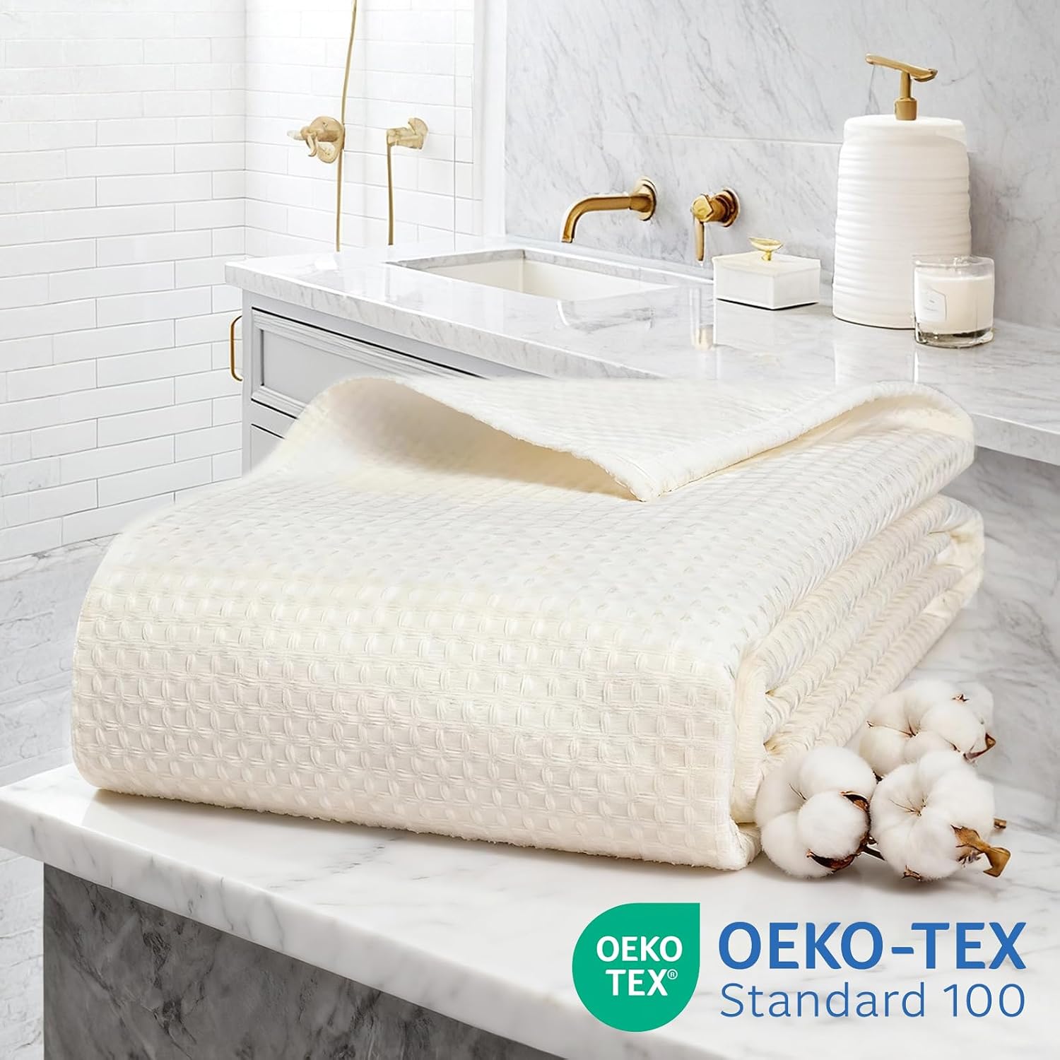 Waterproof No Hooks Waffle Shower Curtain, 260GSM Heavy Duty Fabric, with 10 Durable Split Grommets, Luxury Hotel Spa