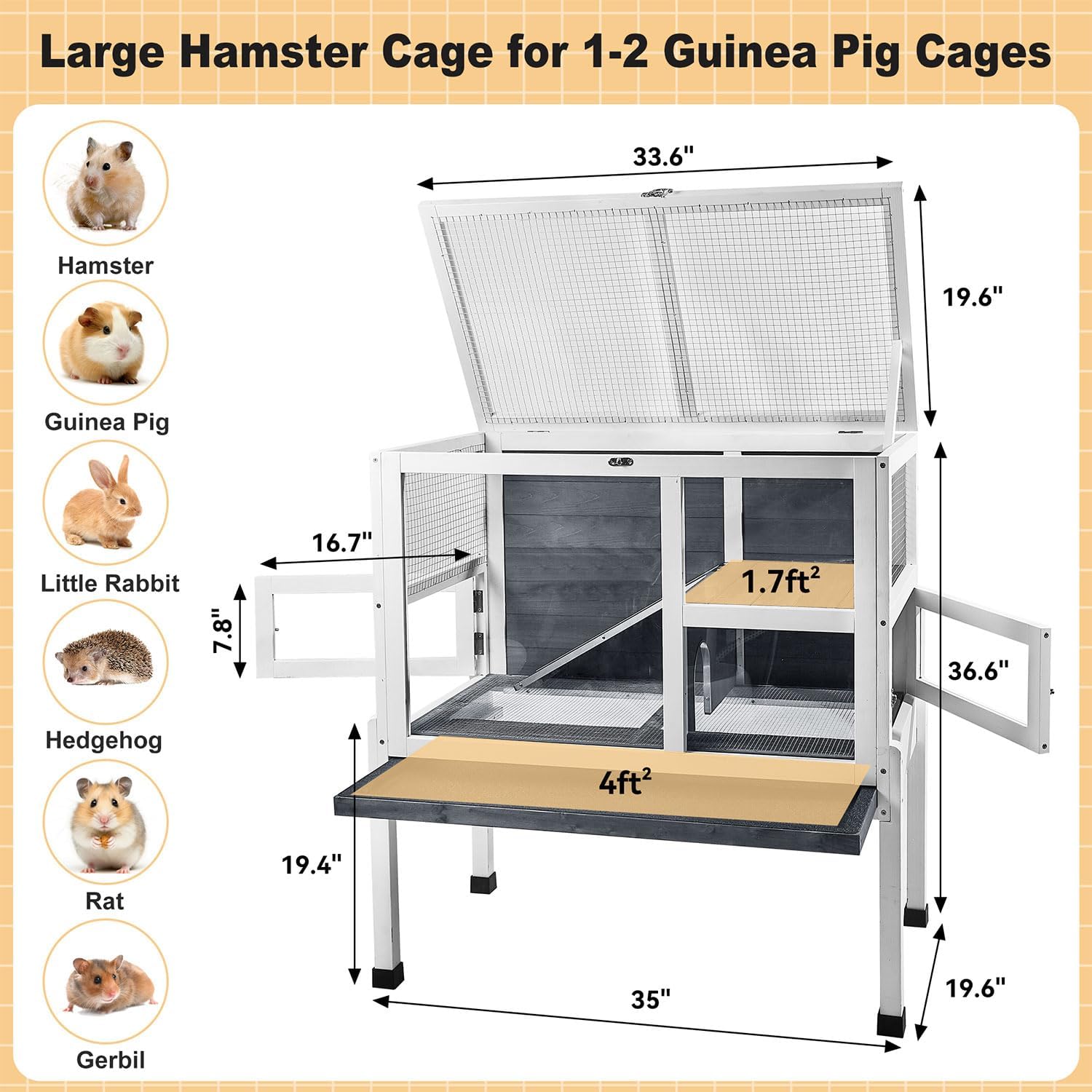 2-Story Guinea Pig Cage with Stand, Indoor Wooden Hamster Cage with Ramp, Pull-Out Tray, Hideout & Platform, Acrylic