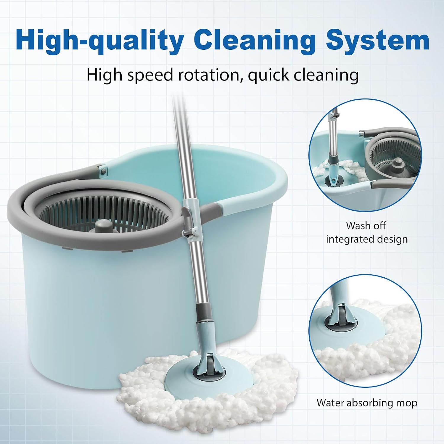 Spin Mop and Bucket, Mop and Bucket with Wringer Set for Home, 360 Spinning Mop Bucket Floor Cleaning Tool with 3