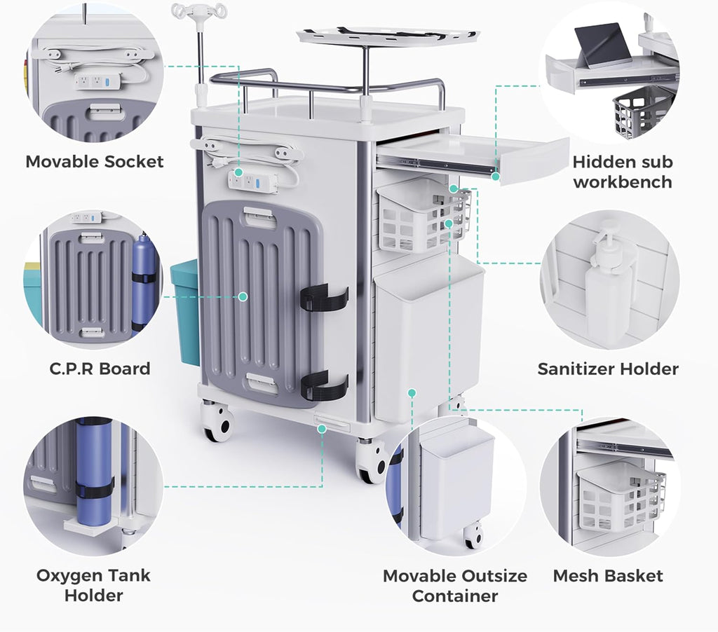 Medical Emergency Rolling Crash Cart with Drawers and Silent Casters | Adjustable IV Pole, Needle Disposal Holder