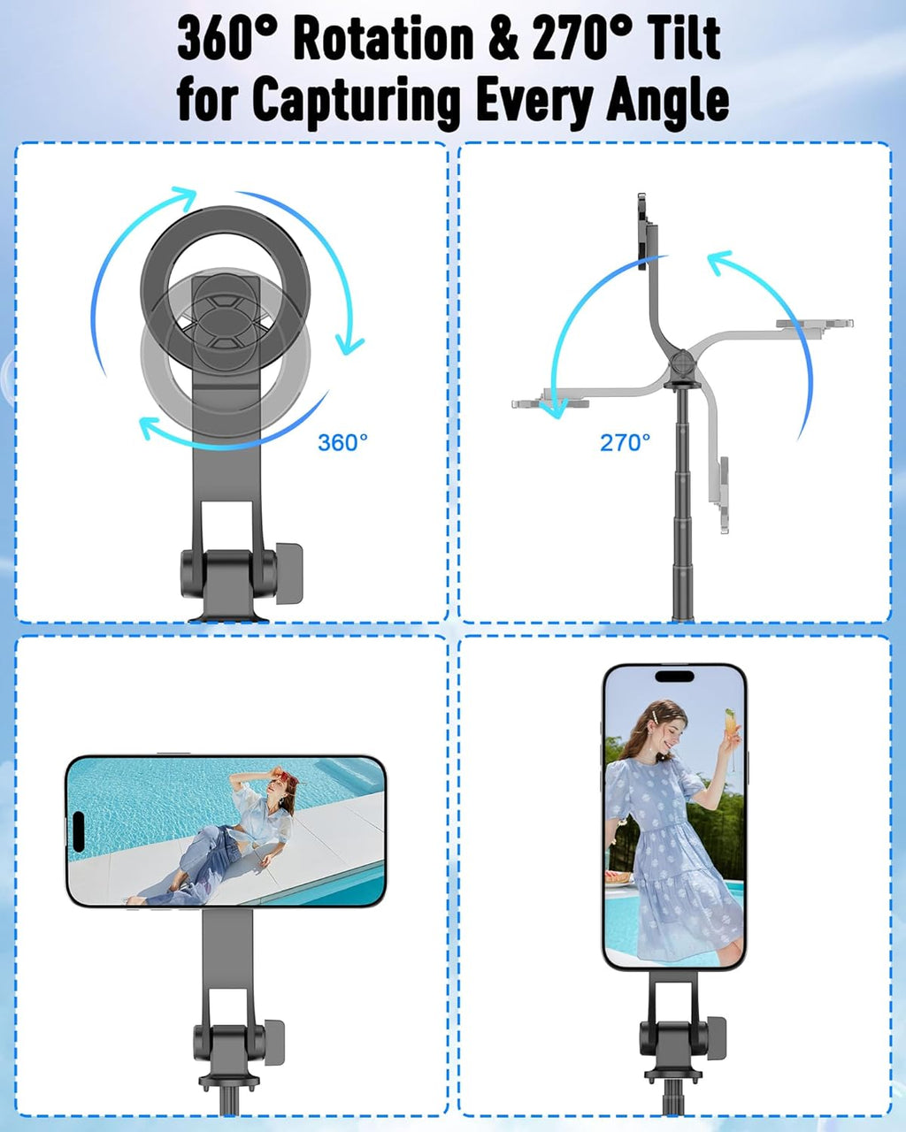 37" Magnetic Phone Tripod, 4-Leg Base with Wireless Remote | 360° Rotation, 3-in-1 Design, Wireless Remote and
