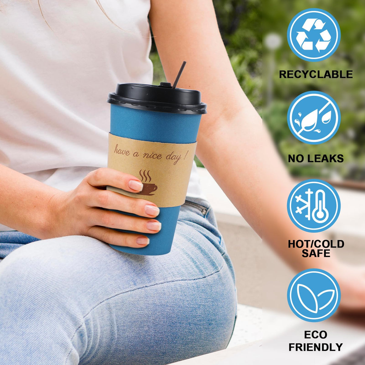 100 Pack 16 oz Disposable Paper Coffee Cups with Lids(Navy)