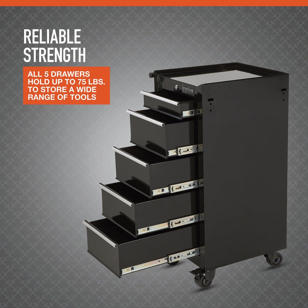 5-Drawer Rolling Cabinet, 17in., 75-Lb. Capacity, Steel