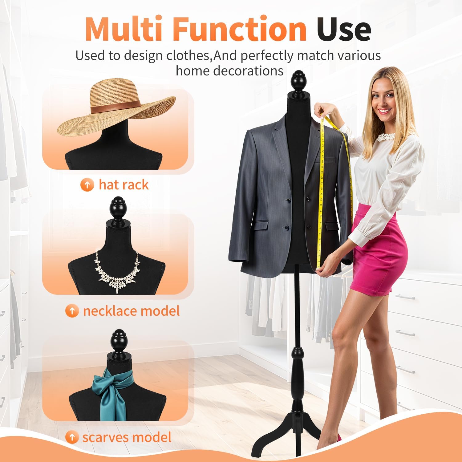 Female Mannequin Torso | Black | with 7" Height Adjustment | High-Density Foam with Wood Tripod Stand | Secure Fit