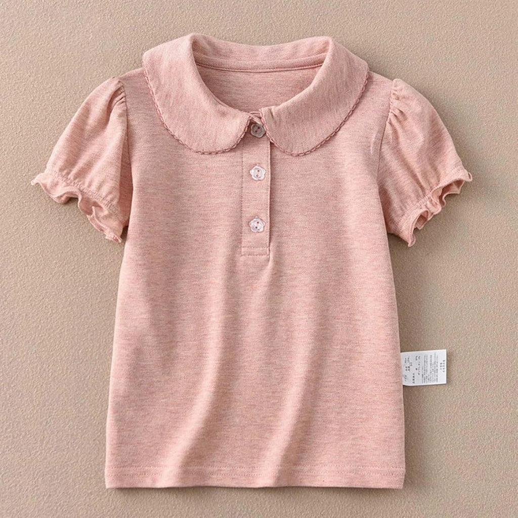 Girls Polo Shirt Peter Pan Collar Puff Short Sleeve Cute Blouse Top | Soft Breathable Cotton Uniform Tee, Ruffled