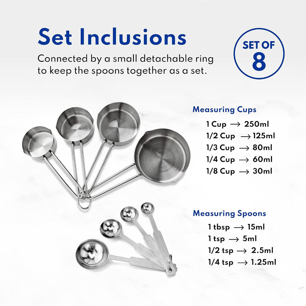 42917 Stainless Steel Measuring Cups and Spoons Set, 8-Piece Metal Measuring Set for Baking, Cooking, Dry and Liquid
