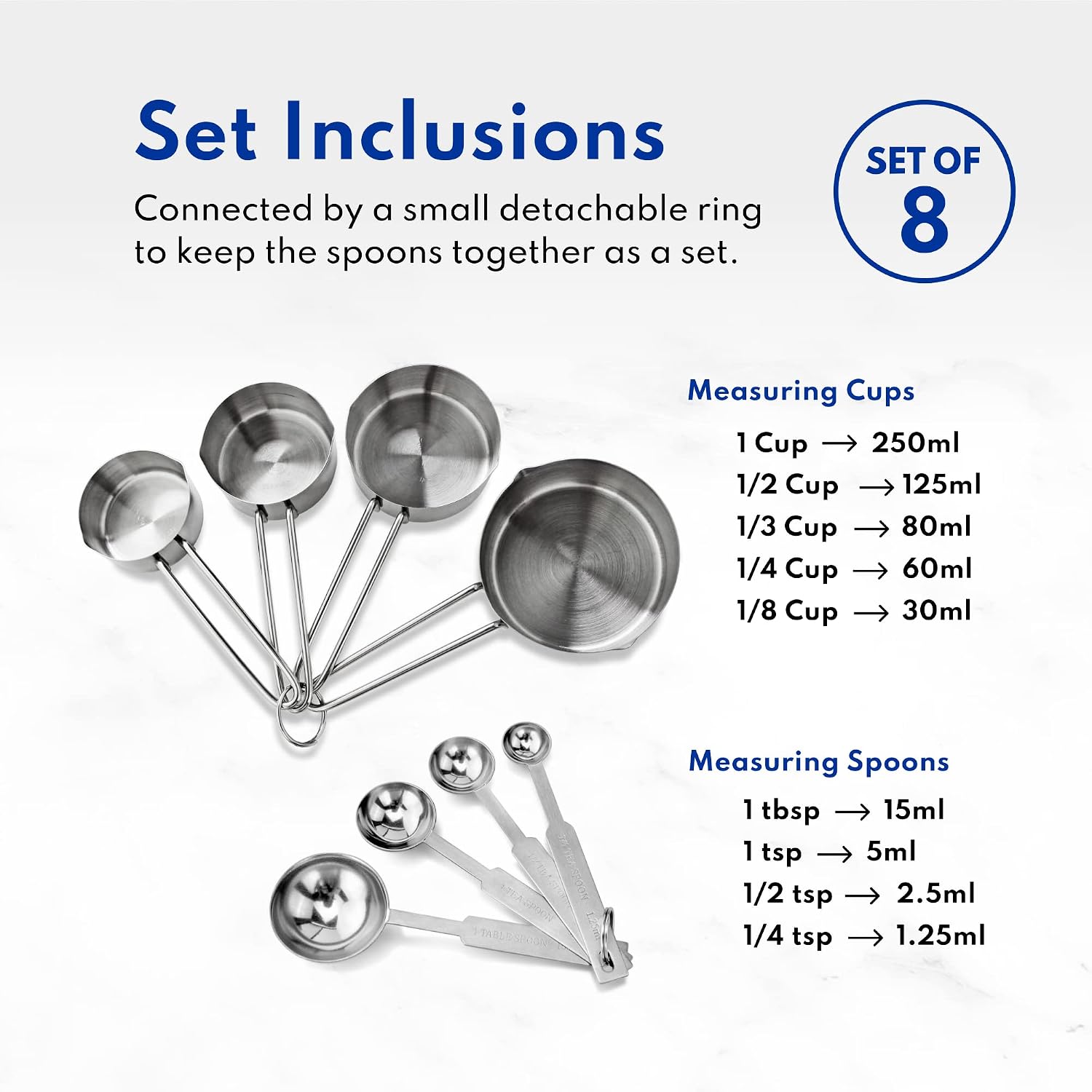 42917 Stainless Steel Measuring Cups and Spoons Set, 8-Piece Metal Measuring Set for Baking, Cooking, Dry and Liquid