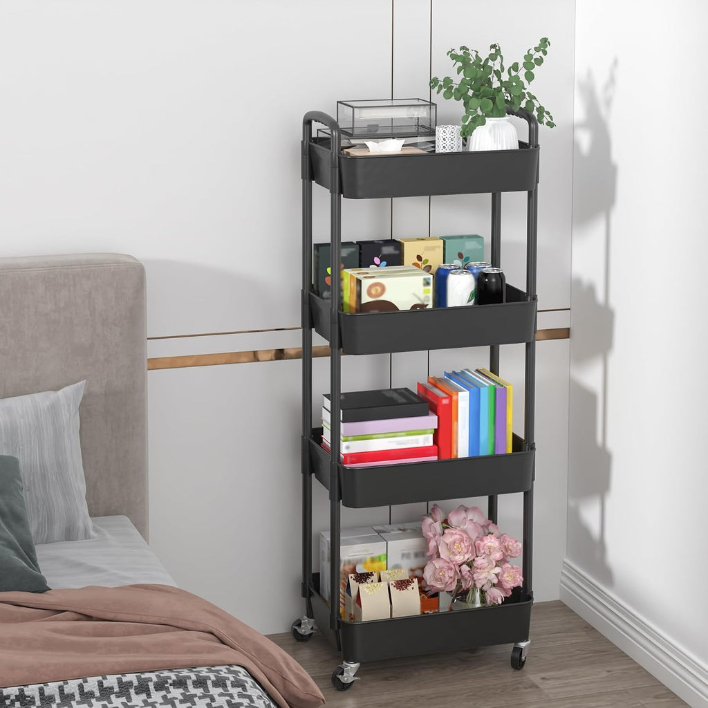 4-Tier Plastic Rolling Utility Cart with Wheels for Storage, Black