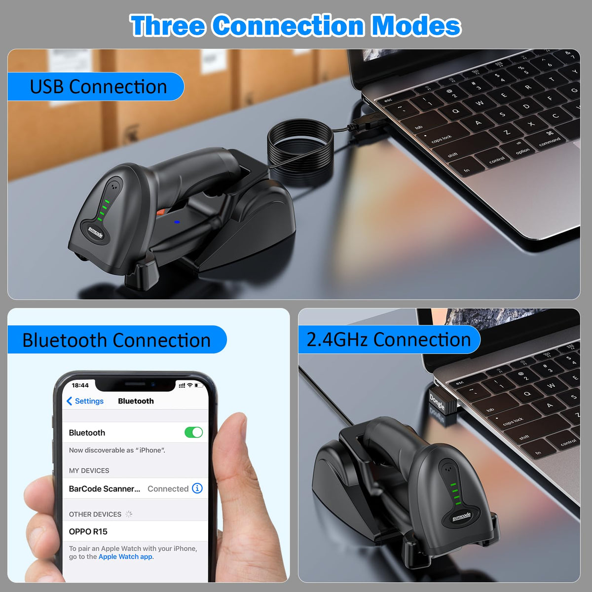 QR Industrial Bluetooth Barcode Scanner with Wireless Charging Stand, Wireless 2D 1D Bar Code Scanner Drop Protection