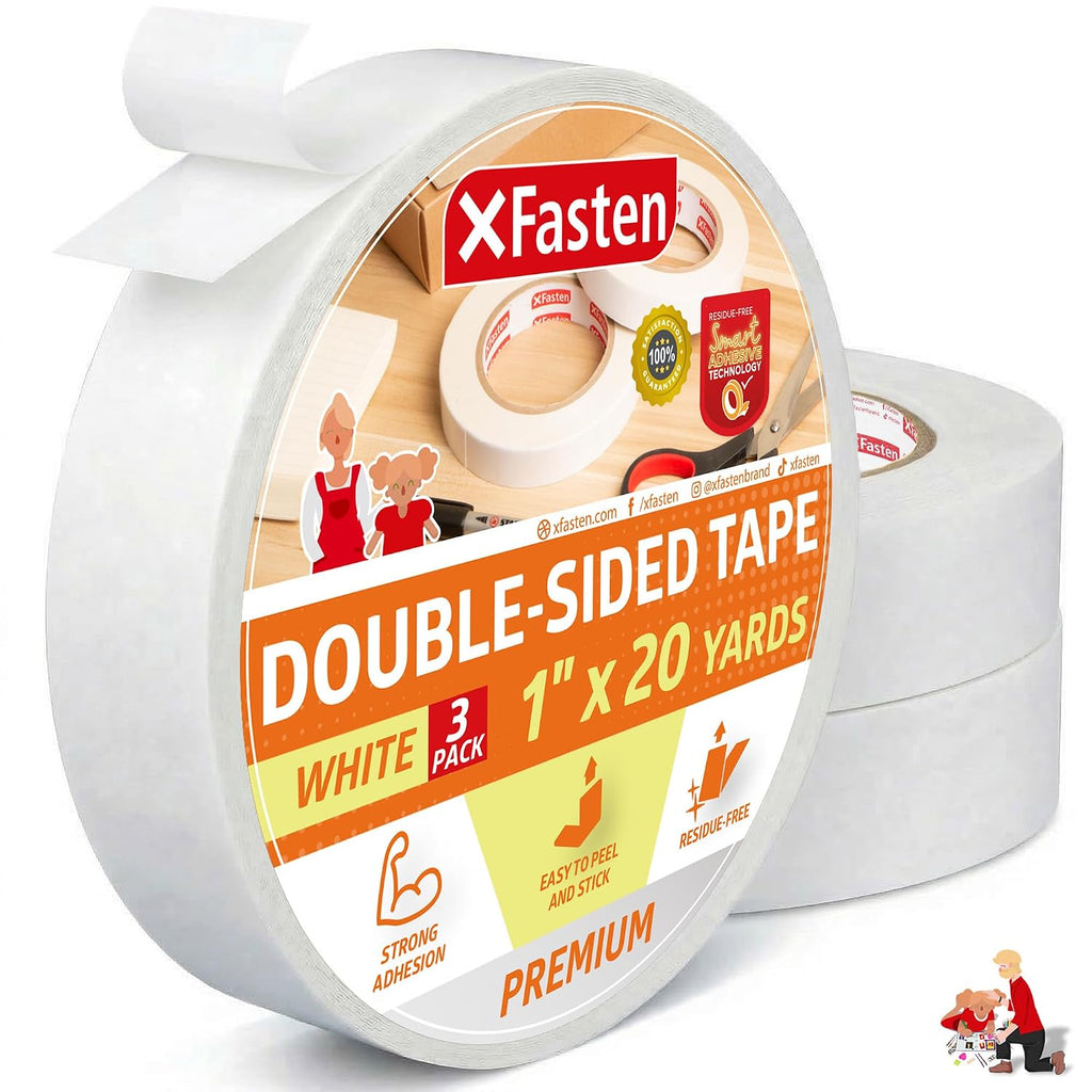 Double Sided Tape, Removable, 1-Inch by 20-Yard (Pack of 3) Ideal as a Gift Wrap Tape, Holding Carpets, and Woodworking