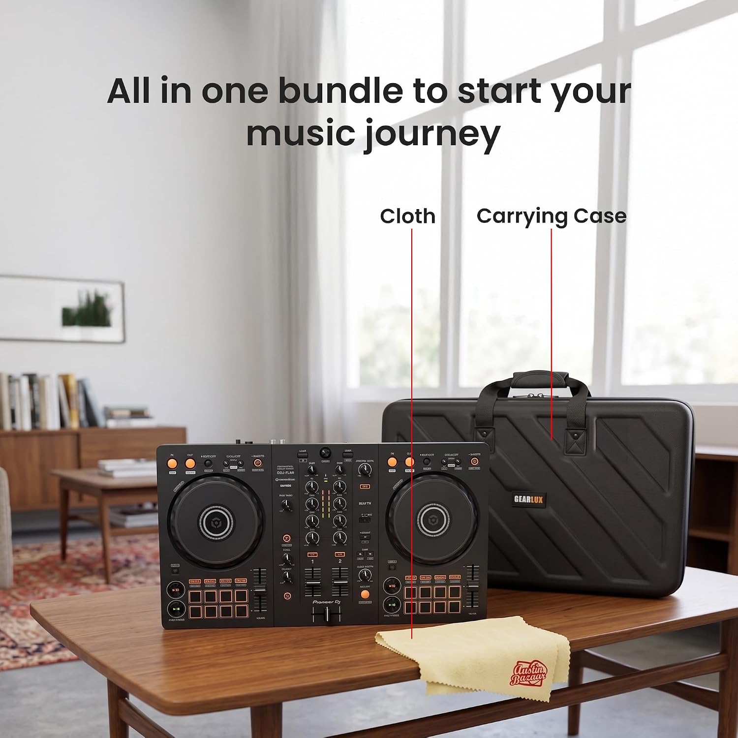 DJ DDJ-FLX4 2-Channel DJ Controller - Black Bundle with Carrying Case and Austin Bazaar Polishing Cloth