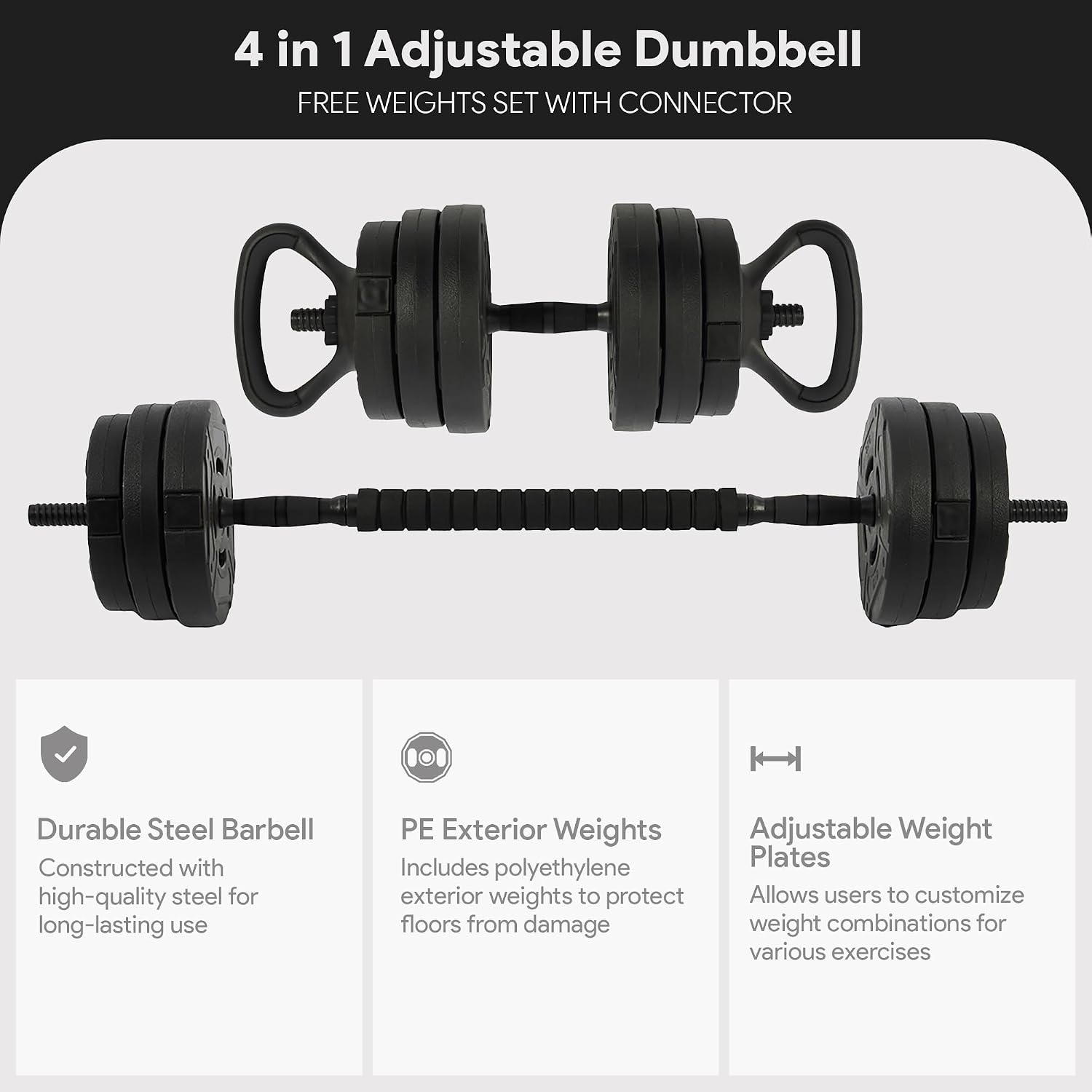 Adjustable Dumbbells, 60lbs Free Weight Set with Connector, Multiple Function Dumbbells Set Barbell, Kettlebells