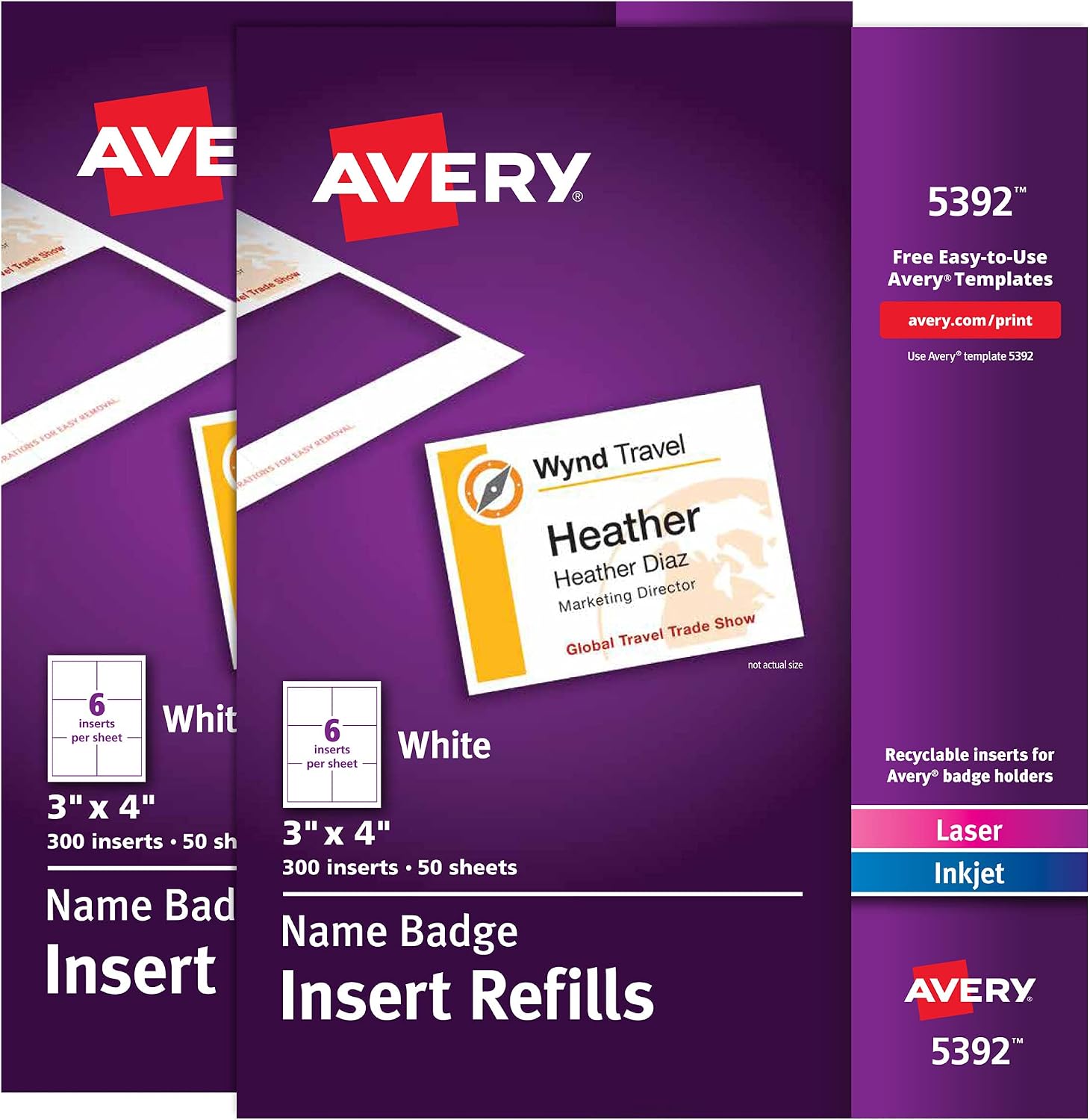 Customizable Name Badge Inserts, 3" x 4", White, 2 Packs of 300, 600 Printable Name Tag Inserts Total (35392) | 2