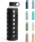 40oz / 32oz / 22oz / 12oz Borosilicate Glass Water Bottle with Time & Volume Markers, Silicone Sleeve, Stainless