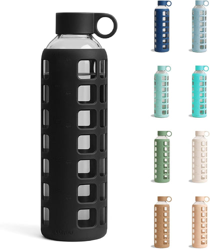 40oz / 32oz / 22oz / 12oz Borosilicate Glass Water Bottle with Time & Volume Markers, Silicone Sleeve, Stainless