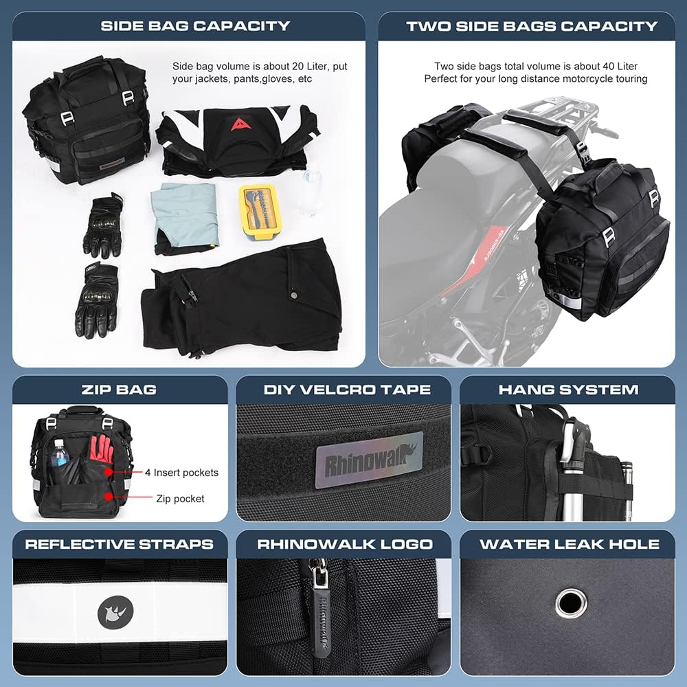 Motorcycle Saddlebag Waterproof Motor Luggage Pack Quick Release Motorbike Side Bag 20L Fits Most Adventure and