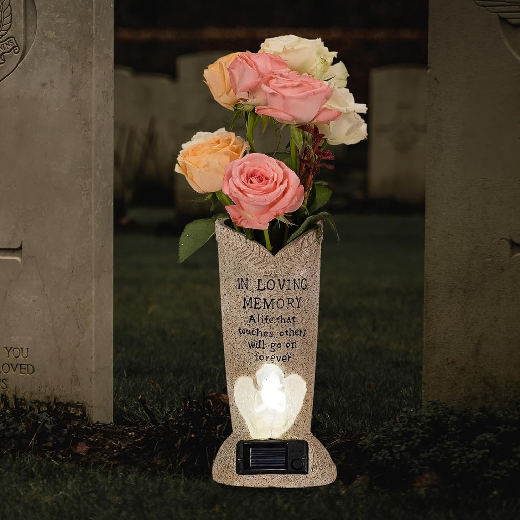 Solar Memorial Cemetery Flower Vase with LED for Fresh/Artificial Cemetery Grave Decorations Angel Statue Vase with